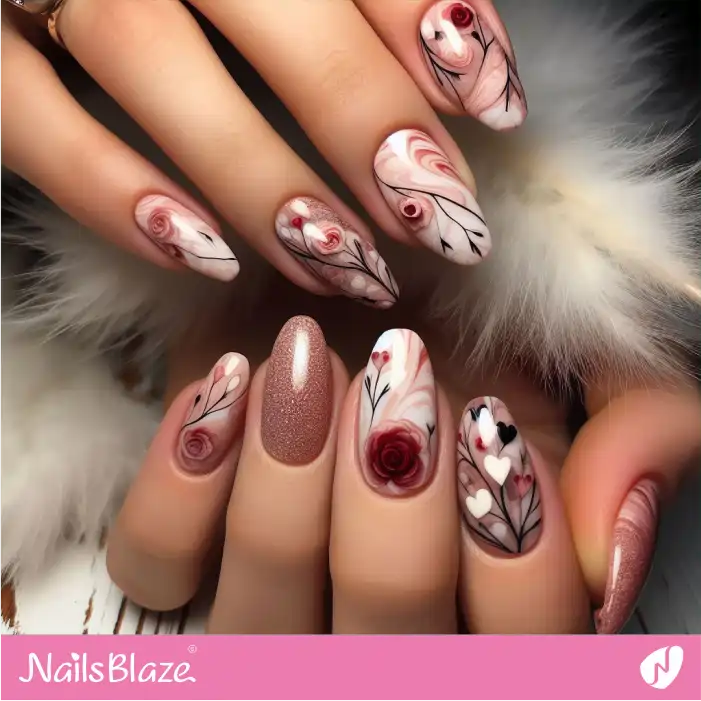 Valentine Gentle Marbling with Hearts and Flowers | Valentine Nails - NB2336